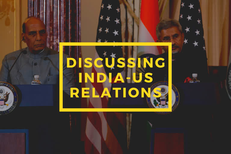 Indian External Affairs Minister Dr. S. Jaishankar, right, and Defense Minister Shri Rajnath Singh, speak during a news conference after a bilateral meeting the U.S. and India at the Department of State in Washington