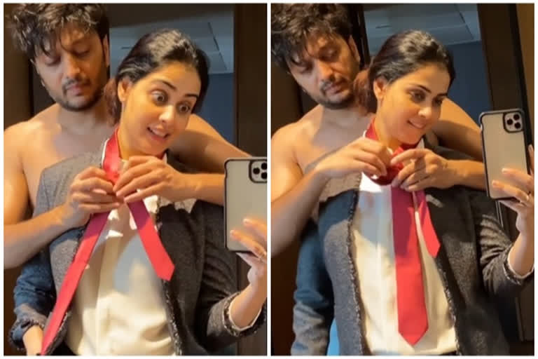 Riteish Deshmukh tie knot on Genelia dress, cute video viral on social media