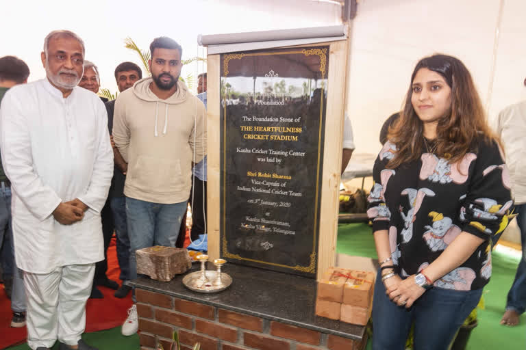 Cricketer Rohit Sharma laid the foundation stone for a cricket stadium and training centre at 'Heartfulness Institute' hyderabad