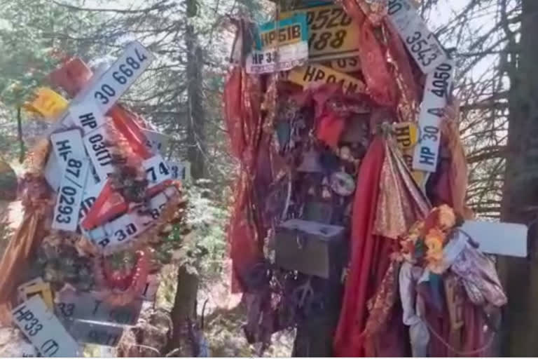 devotees-worship-the-vansheera-devta-by-offering-number-plates-or-parts-of-vehicles-to-avoid-an-accident-in-karsog-mandi-himachal-pradesh