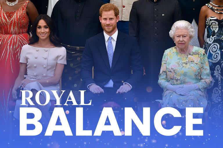 In this Tuesday, June 26, 2018 file photo Britain's Queen Elizabeth, Prince Harry and Meghan, Duchess of Sussex pose for a group photo at the Queen's Young Leaders Awards Ceremony at Buckingham Palace in London.