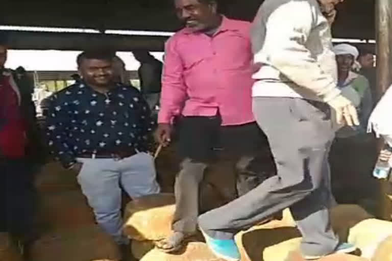 Traders climbing on jaggery wearing footwear