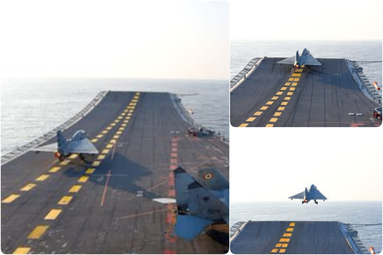 The developmental Light Combat Aircraft  successfully undertaking the maiden Ski Jump take-off from INS Vikramaditya,