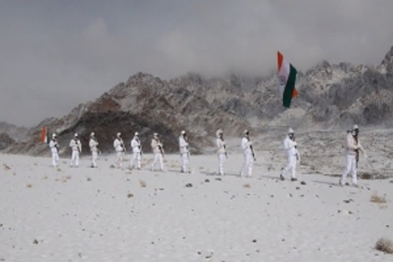 Indo-Tibetan Border Police personnel with the national flag