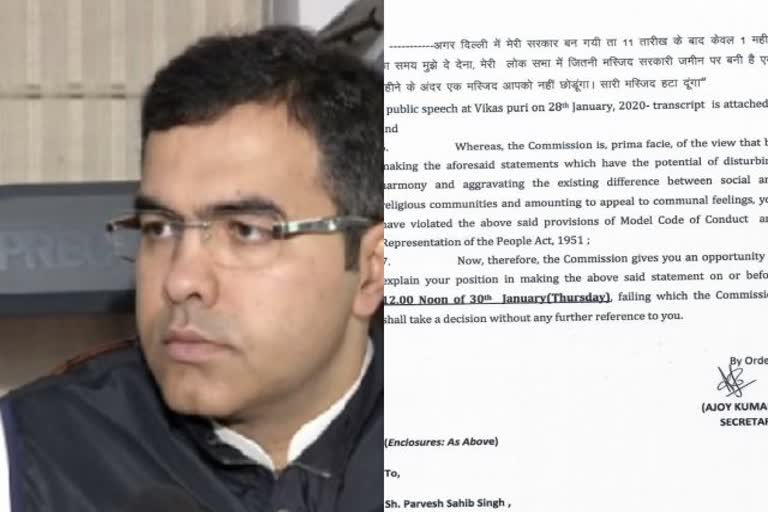 Election Commission  BJP MP  Parvesh Verma  New Delhi  Kashmiri Pandits  anti-CAA protesters  shaheen bagh  പർവേഷ് വർമ്മ  വിവാദ പ്രസ്‌താവന  കാരണം കാണിക്കൽ  നോട്ടീസ്  തെരഞ്ഞെടുപ്പ് കമ്മീഷൻ