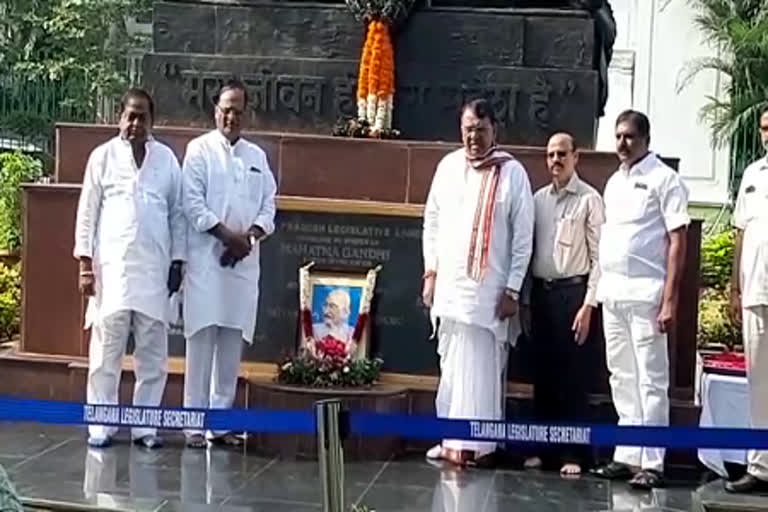 assembly speakar and council chairman  Tribute gandhi at assembly in Hyderabad