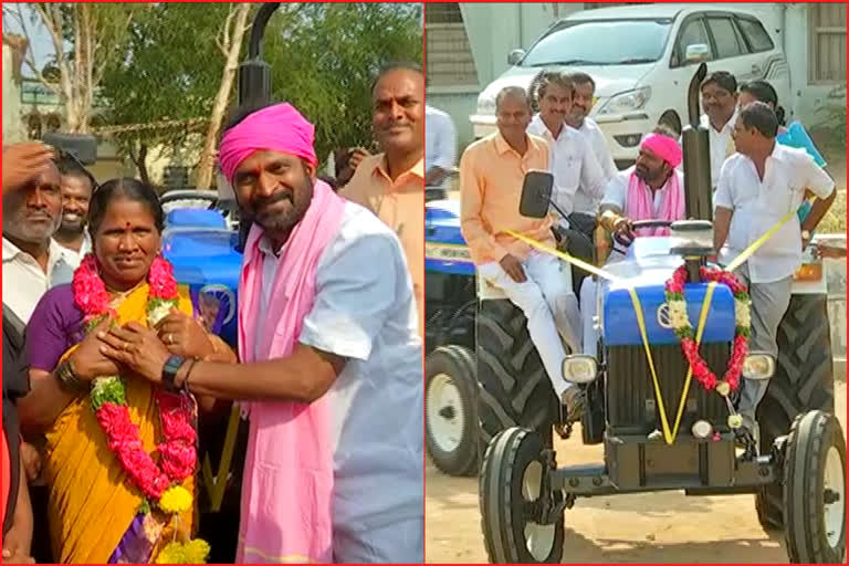 Minister Srinivas Goud who distributed the tractor at mahabubnagar