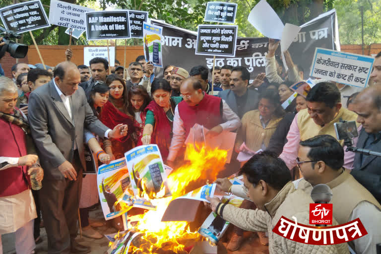 BJP MP Vijay Goel protested by burning AAP manifesto