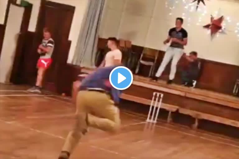 funny house cricket bowler crashes on batsman end