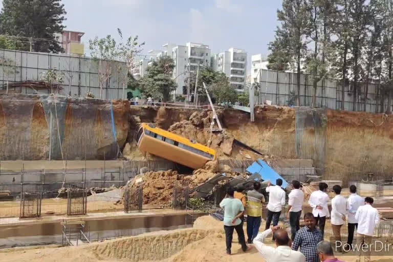 college bus fell down in cellar at madhapur in hyderabad