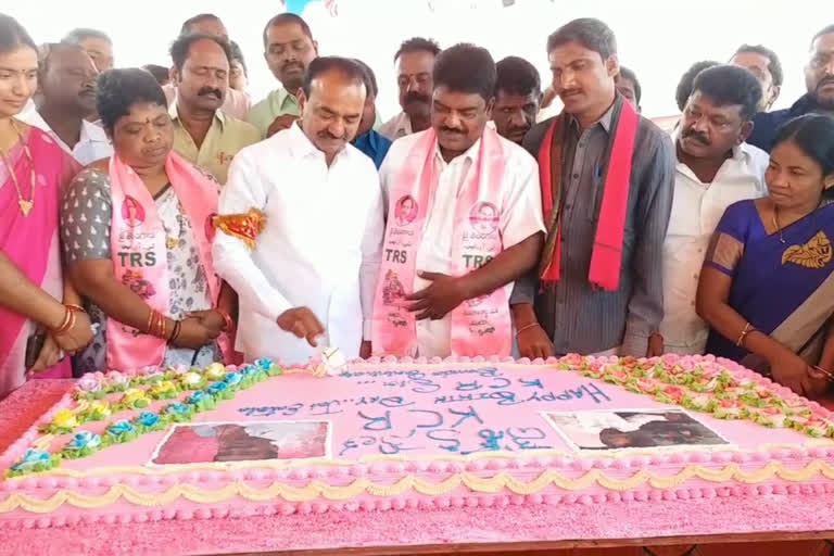 66 kgs cake cutting by minister eetala on the occasion of cm kcr birthday celebrations