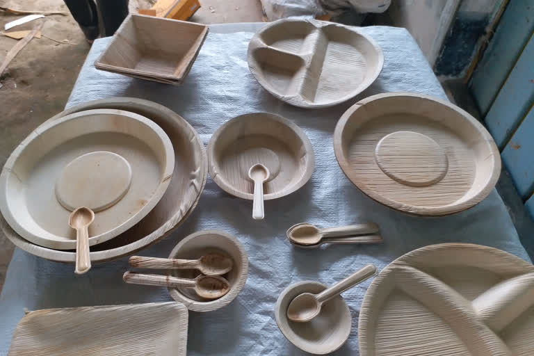 Disposal plates and bowls with leaves of supari at city of shamoga in karnataka