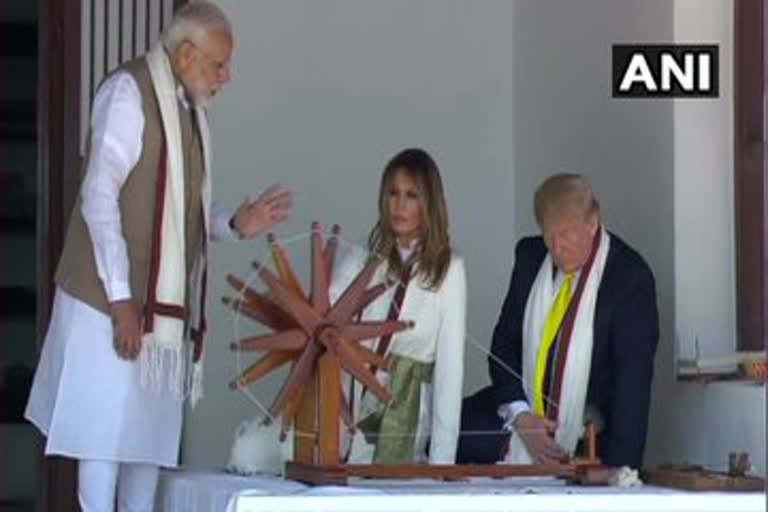 Donald Trump and Melania Trump spin the Charkha at Sabarmati Ashram