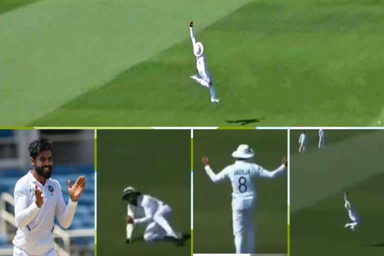 Ravindra Jadeja takes a stunner to dismiss Wagner,ಅಸಾಧ್ಯ ಕ್ಯಾಚ್ ಹಿಡಿದು ಎಲ್ಲರ ಮೆಚ್ಚುಗೆ ಪಡೆದ ಜಡೇಜಾ