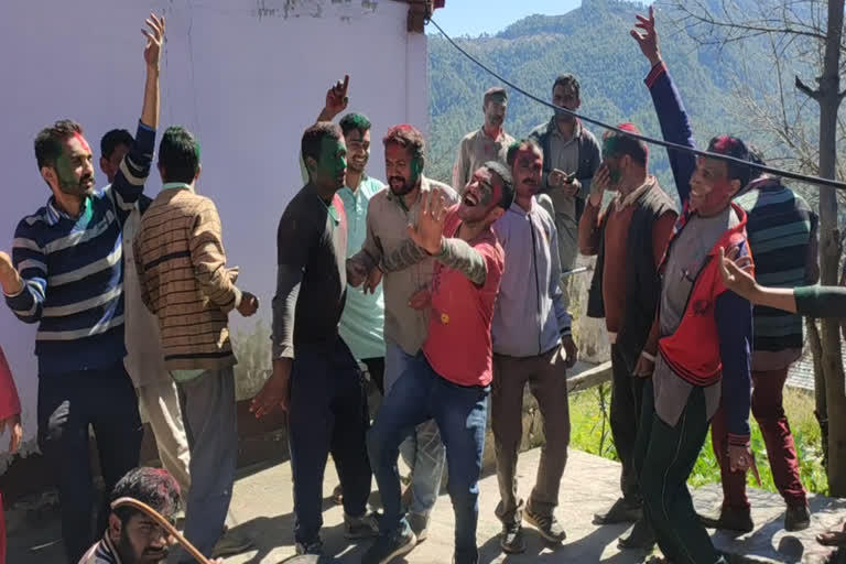 People celebrate holi in Karsog