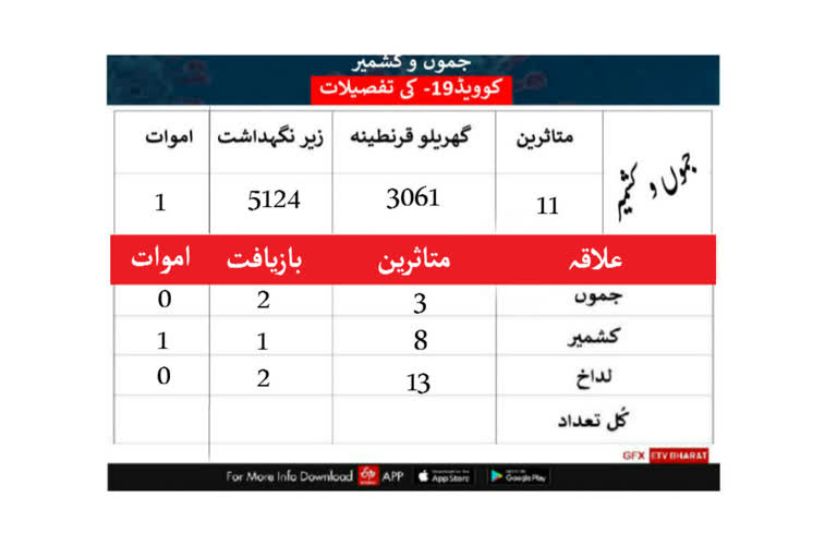 جموں و کشمیر میں 11 معاملات مثبت، 5124 افراد نگرانی میں