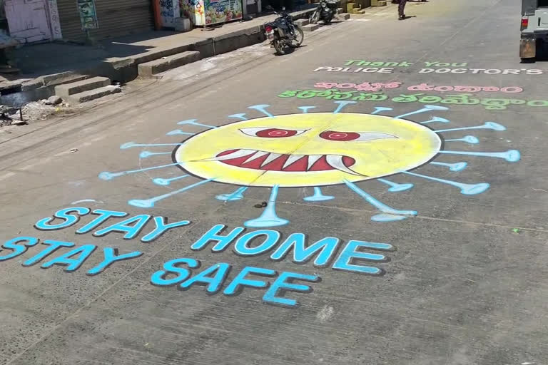 art about corona virus on roads in kadapa district