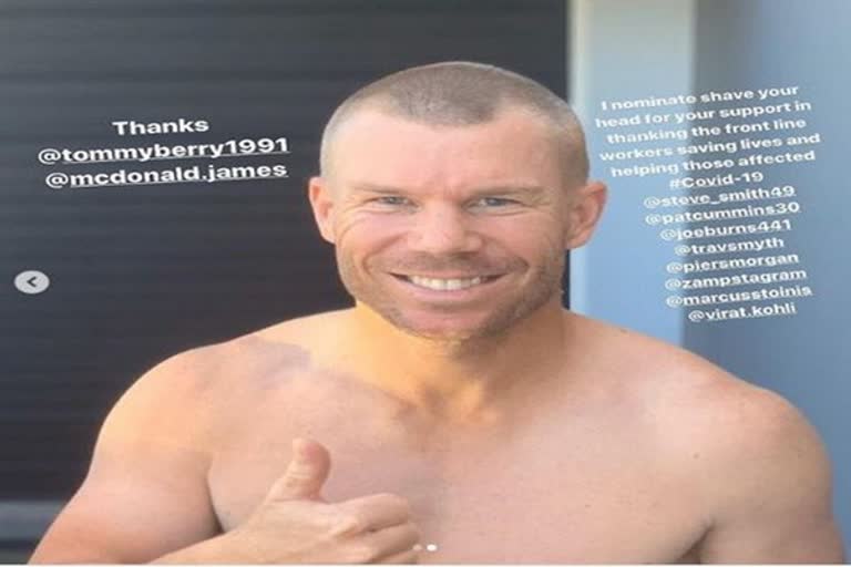 David Warner shaves off head to show solidarity with medical staff, challenges Virat Kohli