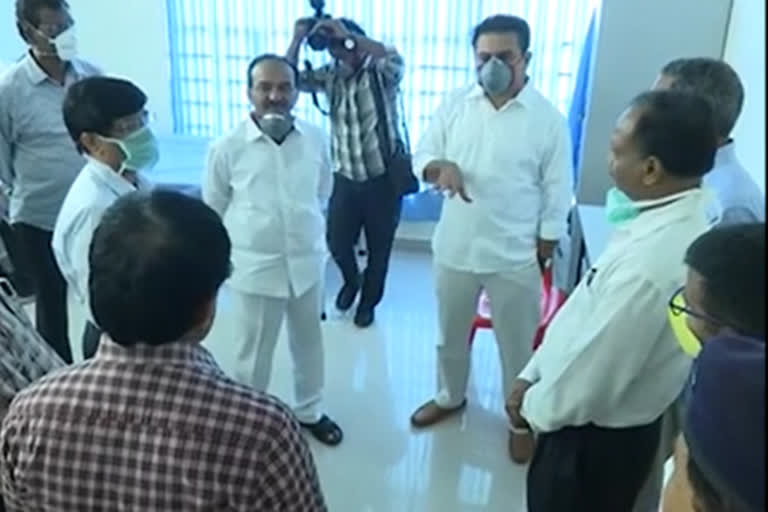 KTR, Etela visit health care facility at Gachibowli Stadium for inspection