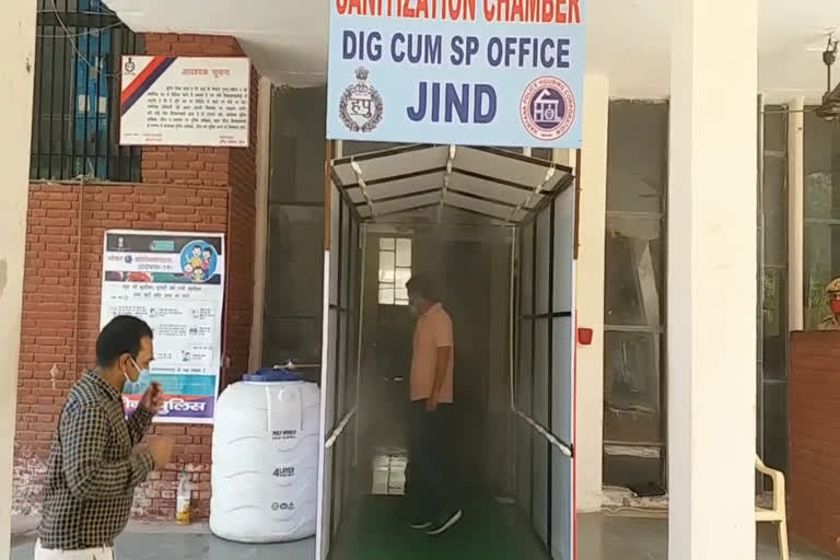 Full body sanitization chamber set up at Jind police headquarters gate