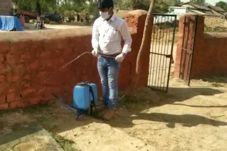 village corona free the Panchayat Secretary himself is spraying sanitizer