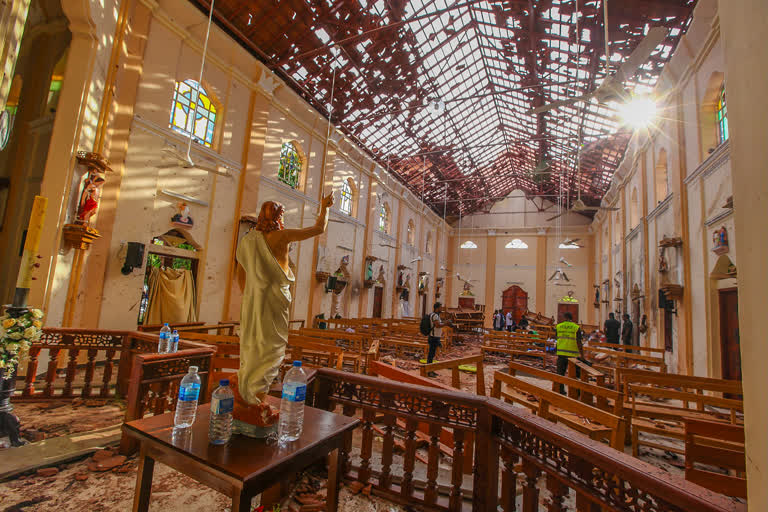 The interiors of St. Sebastian's Church damaged in a blast in Negombo, north of Colombo, Sri Lanka.