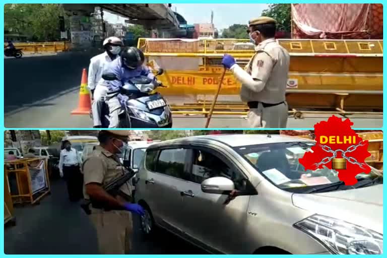 Police checking vehicles by barricading in Vikaspuri due to lockdown