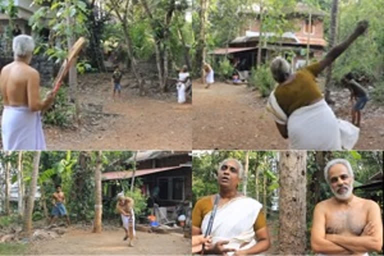 Elderly couple plays cricket in backyard