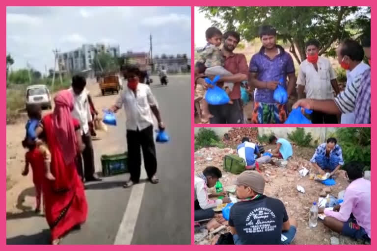 due to corona lockdown Distributing food to migrant workers at nailavaram in krishna