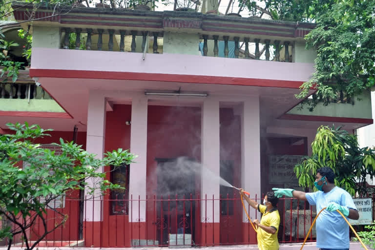 Kolkata municipal corporation spraying disinfectant on a house in Durgapur