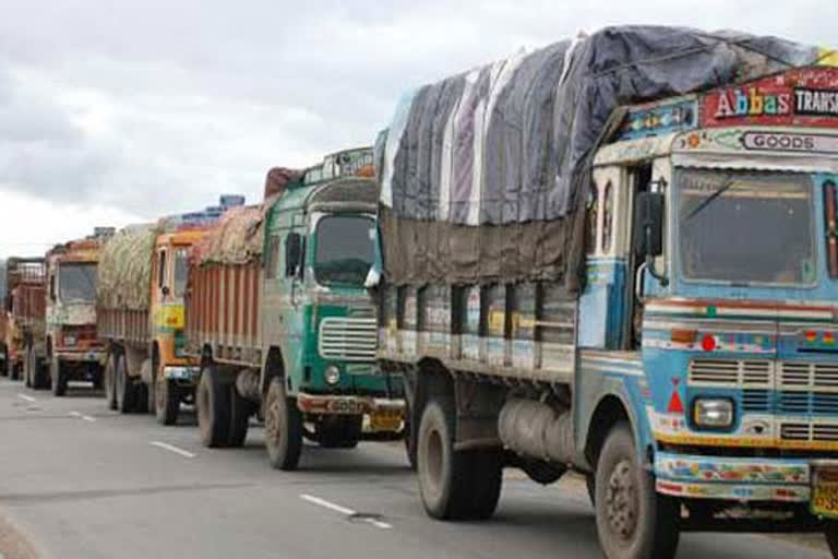 A long queue of trucks