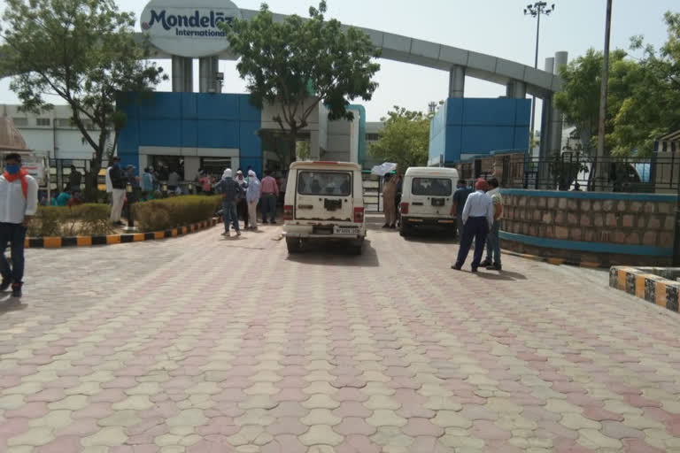 Workers sitting on dharna outside Mondilage factory of Malanpur in  Bhind