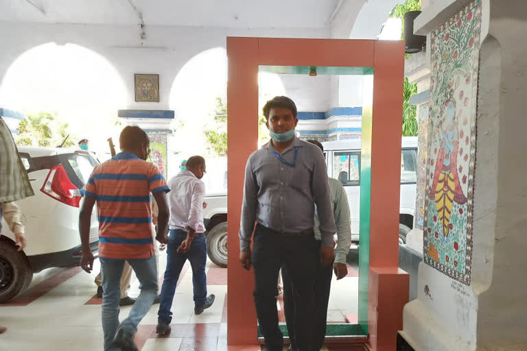 a body sanitizer machine installed in front of the collector's office in darbhanga