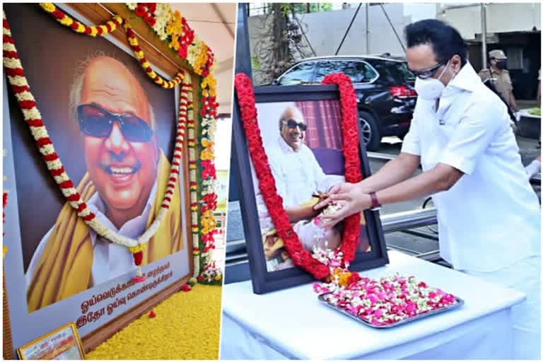 DMK president MK Stalin while paying floral tribute to former Tamil Nadu Chief Minister M Karunanidhi on his 97th birth anniversary.