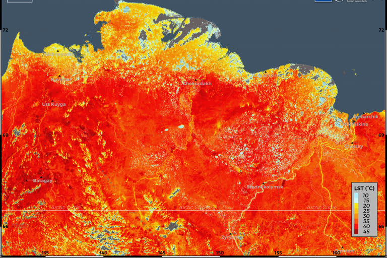 The land surface temperature in the Siberia region of Russia.