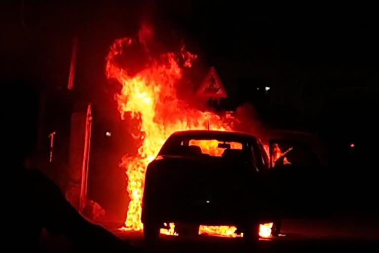 A fire broke out in a Skoda car in kakinada