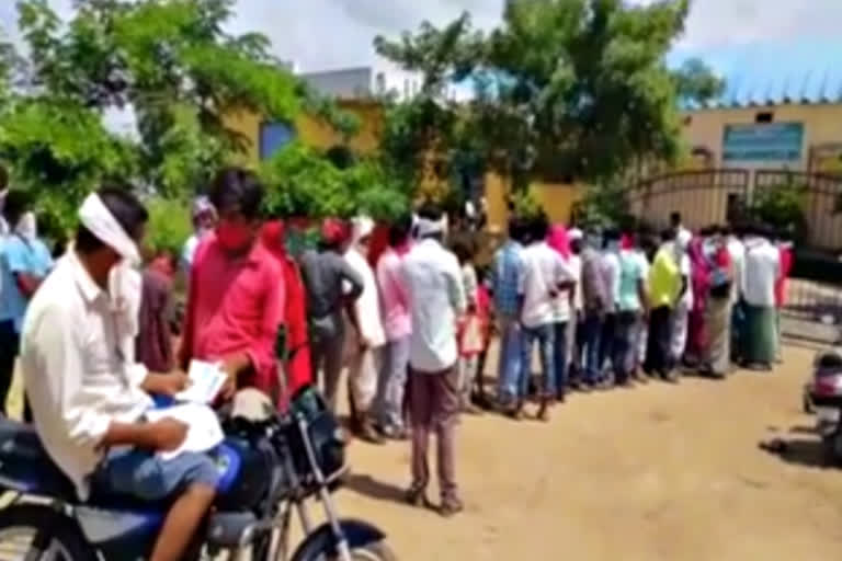 farmers standing in queue without physical distance for urea at gandhari