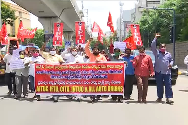 Auto drivers protest in front of rta office khairathabad in hyderabad