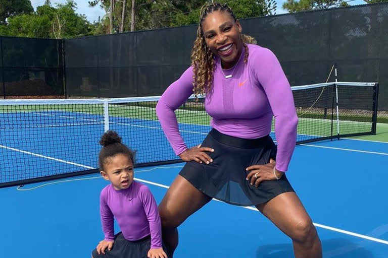 Serena williams was seen practicing on the court with her daughter olympia