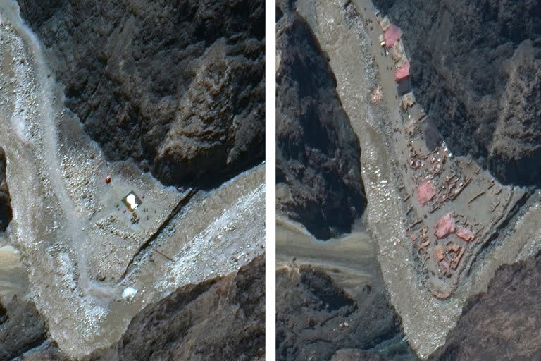 This combination of May 22, 2020 (left) and June 23 satellite images provided by Maxar Technologies shows construction in the Galwan river valley near the disputed border known as the Line of Actual Control between India and China.