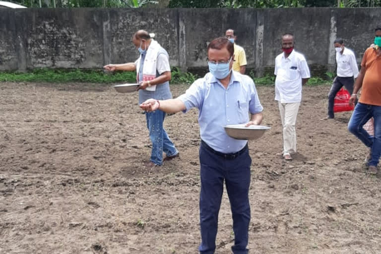 Rajneet Dutta  sowing seeds on Farm at Bishwanath