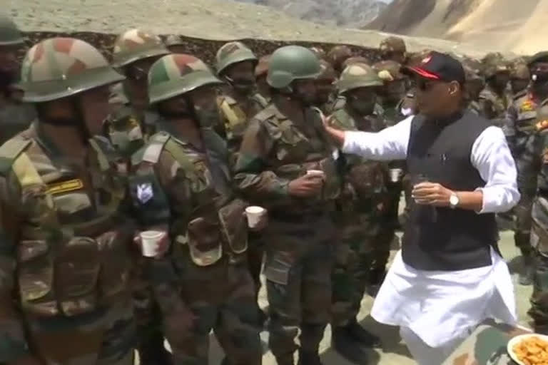 Defence Minister Rajnath Singh interacts with troops at Lukung post