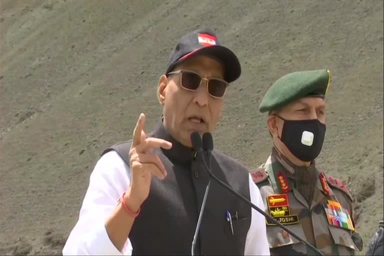 Defence Minister Rajnath Singh interacts with troops at Lukung