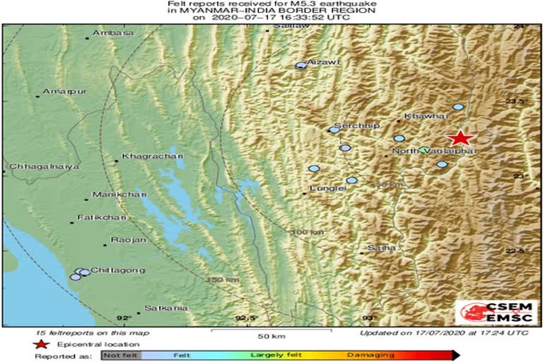 5.3 magnitude earthquake hits Myanmar-India border  ഇന്ത്യാ-മ്യാന്‍മാര്‍ അതിര്‍ത്തിയില്‍ ഭൂചലനം  ഭൂചലനം  earthquake  ഇന്ത്യാ-മ്യാന്‍മാര്‍ അതിര്‍ത്തി  Myanmar-India border