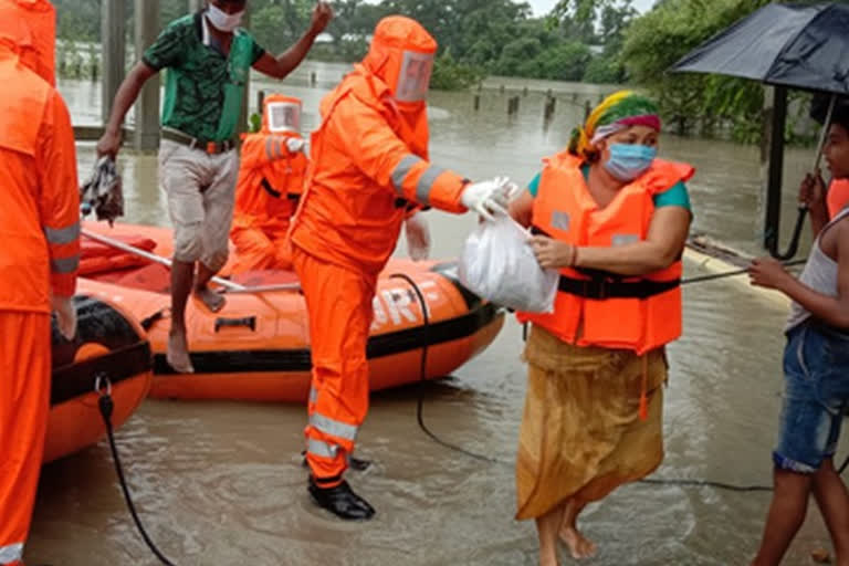 1st Battalion of NDRF evacuated villagers from flood-affected Gaurang Char village in Kokrajhar