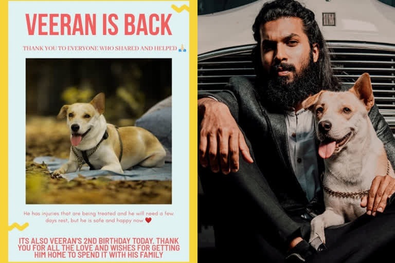 actor akshay radhakrishnan missing dog veeran is found  actor akshay radhakrishnan missing dog  missing dog veeran  അക്ഷയ് രാധാകൃഷ്ണന്‍ നായ വീരന്‍