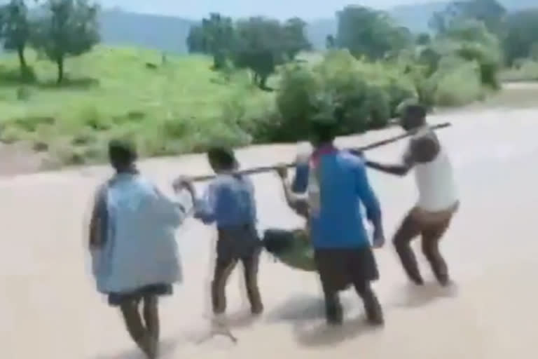 pregnant woman was carried on a makeshift basket through a river