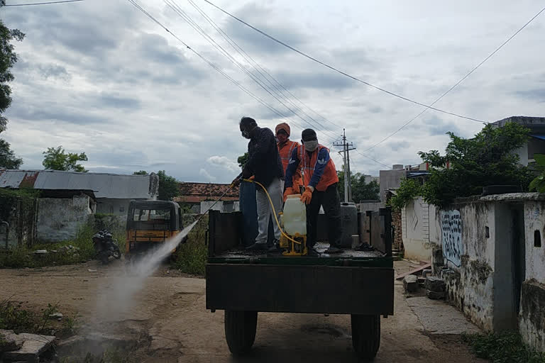 కరోనా బాధితుల ఇళ్లల్లో ద్రావణం పిచికారీ చేయించిన వైస్ ఎంపీపీ