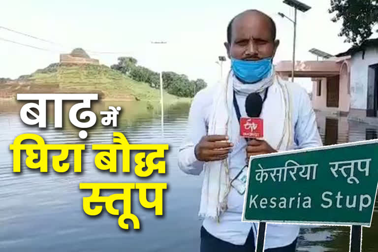 Buddhist Stupa surrounded by flood water in Motihari