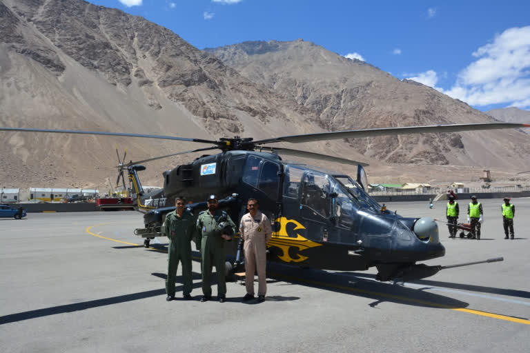 Vice Chief of Air Staff, Air Marshal Harjit Singh Arora along with the crew of Light Combat Helicopter during his visit to forward bases in Ladakh region